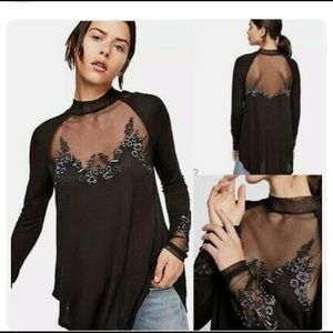 Free People Black Sheer Embroidered Tunic NWT